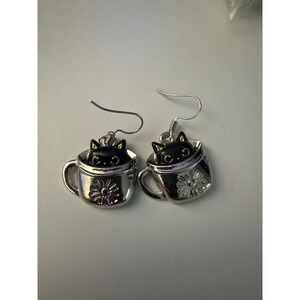 Cute Black Cat in Teacup‎ Dangle Earrings Silver Tone Flower Design